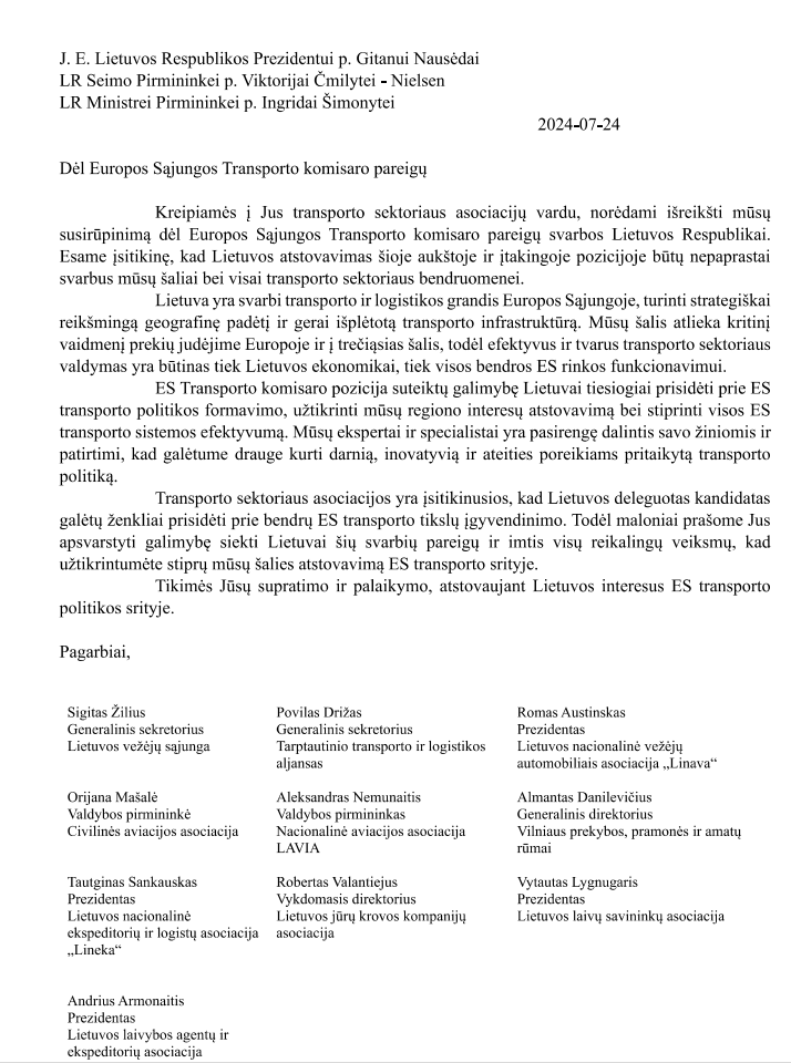 Transporto asociacijos ragina siekti EK Transporto komisaro posto Lietuvos atstovui